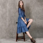 Autumn Dress 2017 Yuzi.may Boho New Cotton Dresses O-Neck Ruffles Hem Embroidery High Waist Belted Swing Vestidos A8167 Vestido