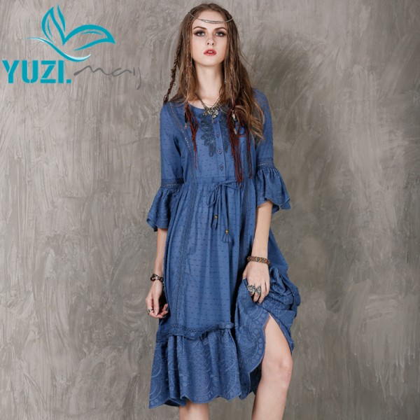 Autumn Dress 2017 Yuzi.may Boho New Cotton Dresses O-Neck Ruffles Hem Embroidery High Waist Belted Swing Vestidos A8167 Vestido
