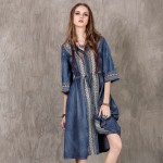 Autumn Dress 2017 Yuzi.may Boho New Denim Women Dresses V-Neck Half Sleeve Loose Embroidery String Waist Vestido A8171 Vestidos