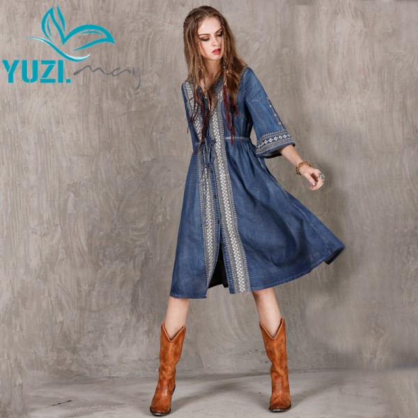 Autumn Dress 2017 Yuzi.may Boho New Denim Women Dresses V-Neck Half Sleeve Loose Embroidery String Waist Vestido A8171 Vestidos