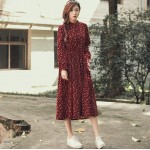 Autumn Dress Floral Print Velour Pleated High Waist Vintage Dress Oversize Long Sleeve Loose Casual Dress Vestidos