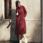 Autumn Dress Floral Print Velour Pleated High Waist Vintage Dress Oversize Long Sleeve Loose Casual Dress Vestidos