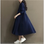 Autumn Dress Loose High Waist Plus Size Solid Color White Women Dress Cotton Linen V Neck Vintage Dress Long Sleeve Maxi Dress