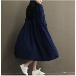 Autumn Dress Loose High Waist Plus Size Solid Color White Women Dress Cotton Linen V Neck Vintage Dress Long Sleeve Maxi Dress