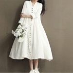 Autumn Dress Loose High Waist Plus Size Solid Color White Women Dress Cotton Linen V Neck Vintage Dress Long Sleeve Maxi Dress