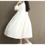 Autumn Dress Loose High Waist Plus Size Solid Color White Women Dress Cotton Linen V Neck Vintage Dress Long Sleeve Maxi Dress