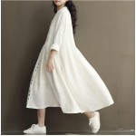 Autumn Dress Loose High Waist Plus Size Solid Color White Women Dress Cotton Linen V Neck Vintage Dress Long Sleeve Maxi Dress