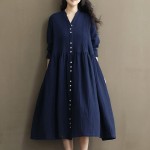 Autumn Dress Loose High Waist Plus Size Solid Color White Women Dress Cotton Linen V Neck Vintage Dress Long Sleeve Maxi Dress