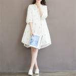 Autumn Dress White Color Embroidery Flower Plus Size Women Dress V Neck Cotton Lolita Dress vestido Size S-3XL