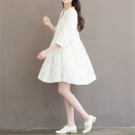 Autumn Dress White Color Embroidery Flower Plus Size Women Dress V Neck Cotton Lolita Dress vestido Size S-3XL