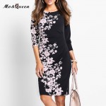 Autumn Dress Women 2016 New Fashion Floral Print Black Dresses For Women Casual Long Sleeve Sheath Polyester Ladies Dresses 