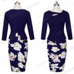 Autumn Elegant Women Print Floral Patchwork Button Casual Work Tunic Three Quarter Bodycon Office Dresses B326