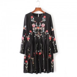 Autumn Fashion Brand Floral Embroidered Dress Women Round Neck Long Sleeve Vintage Black Dress Vestidos 2016 AAZZ8304