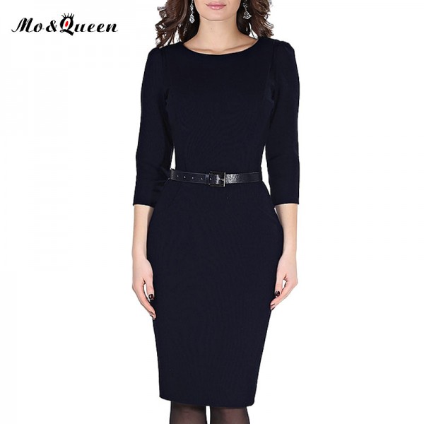 Autumn New Arrival Work Dress Women 2017 Fashion Polyester Knee Length Women Dresses With Belt O-Neck Black Office Dress S-3XL 