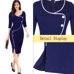 Autumn Spring Elegant Patchwork Office Dress Women Vintage Brief Split Bottom 3/4 Sleeve Deep O-Neck Bodycon Work Pencil Dress