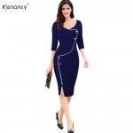 Autumn Spring Elegant Patchwork Office Dress Women Vintage Brief Split Bottom 3/4 Sleeve Deep O-Neck Bodycon Work Pencil Dress