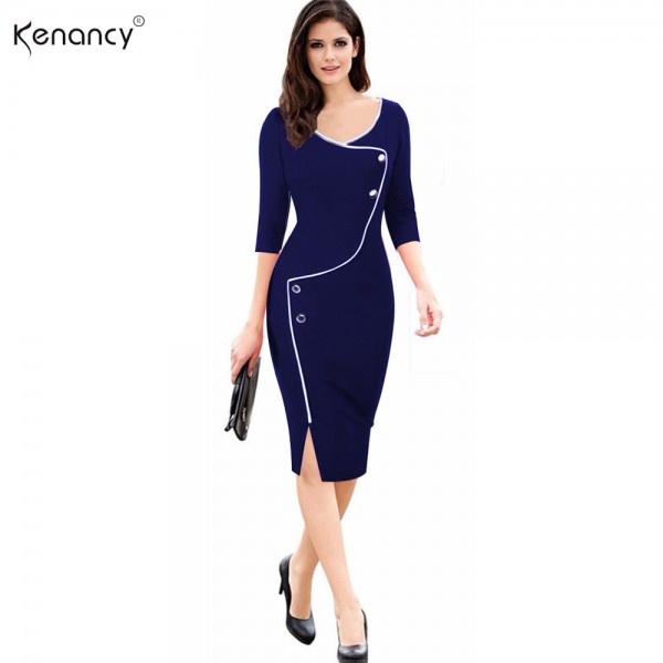 Autumn Spring Elegant Patchwork Office Dress Women Vintage Brief Split Bottom 3/4 Sleeve Deep O-Neck Bodycon Work Pencil Dress