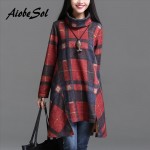 Autumn Winter 2016 Women Tunic Dress Female Vintage Plaid Asymmetry  Long Sleeve Turn Down Collar Thickening Dress Robe Vestidos