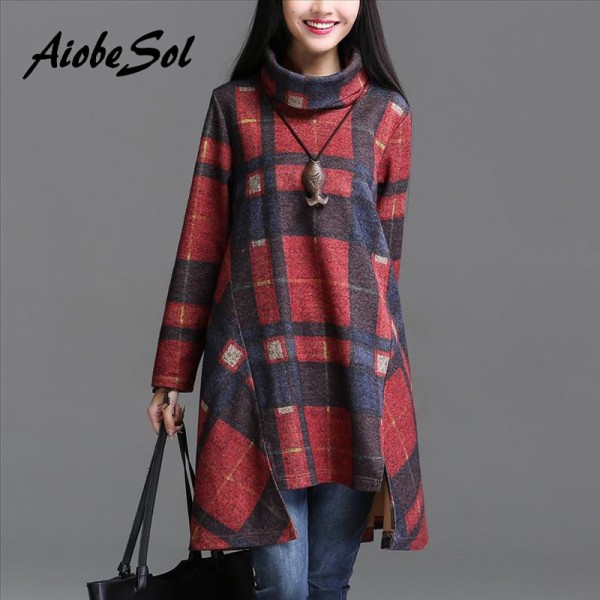 Autumn Winter 2016 Women Tunic Dress Female Vintage Plaid Asymmetry  Long Sleeve Turn Down Collar Thickening Dress Robe Vestidos