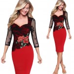 Autumn Winter Dress Women Elegant Embroidered Floral See Through Lace Evening Party Dresses Casual Slim Bodycon Office Dress