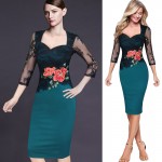Autumn Winter Dress Women Elegant Embroidered Floral See Through Lace Evening Party Dresses Casual Slim Bodycon Office Dress