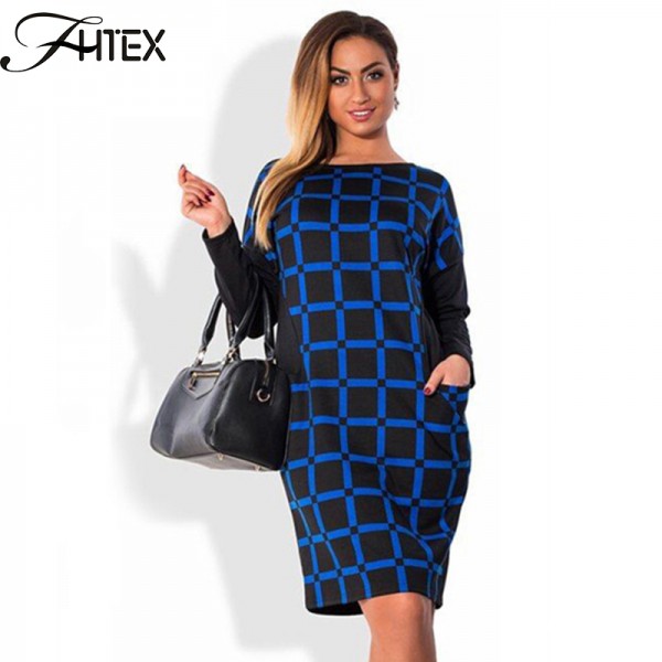 Autumn Winter Dress Women Plaid Patchwork Color Block Long Sleeve Plus Size 6XL Dress Elegant Shift Casual Slim Office Dress