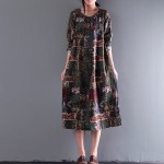 Autumn Winter Dresses Floral Print O Neck Long Sleeve Vintage Dress Cotton Linen Women Dress A Line Casual Dress Size M-2XL