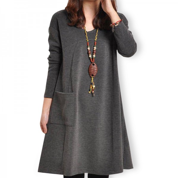 Autumn Winter Fashion Korean Style Women Casual Dress Long Sleeve With Pockets Big Size Bottom Dress