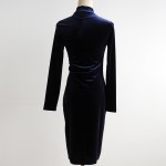 Autumn Winter Fashion Midi Pencil Dress Women Turtleneck Long Sleeve Sexy Velvet Dress Velvet High Neck Bodycon Dress