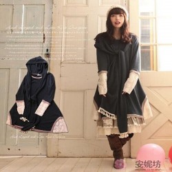 Autumn Winter Vintage Style Women Tunic Knitted Patchwork Lace Dress With Scarf Loose Casual Japan Mori Clothing 16724