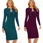 Autumn Winter Women Business Casual Sliming Pencil Dresses Elegant Long Sleeve Office Ladies Wear To Work EB10