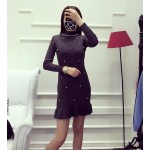 Autumn Winter Women Dress Solid Color Beading Collar Sweet Graceful Knitting Dress Long-sleeved Winter Bottom Dress 7color