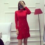 Autumn Winter Women Dress Solid Color Beading Collar Sweet Graceful Knitting Dress Long-sleeved Winter Bottom Dress 7color