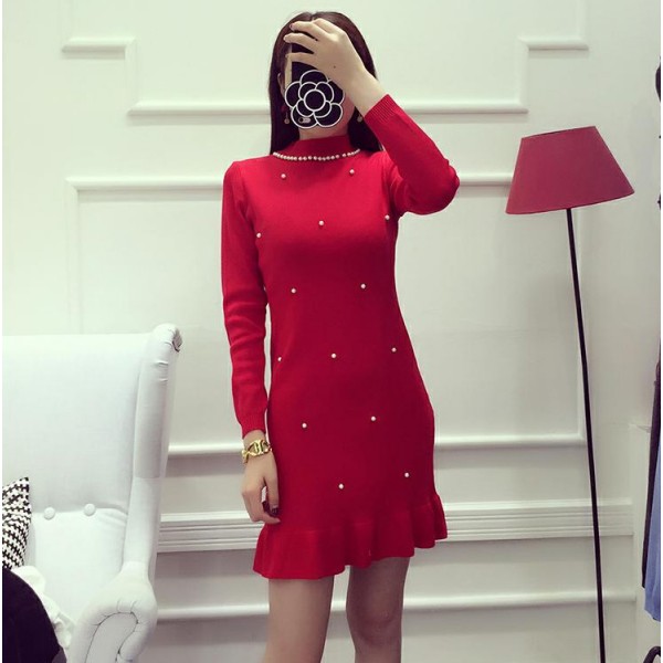 Autumn Winter Women Dress Solid Color Beading Collar Sweet Graceful Knitting Dress Long-sleeved Winter Bottom Dress 7color