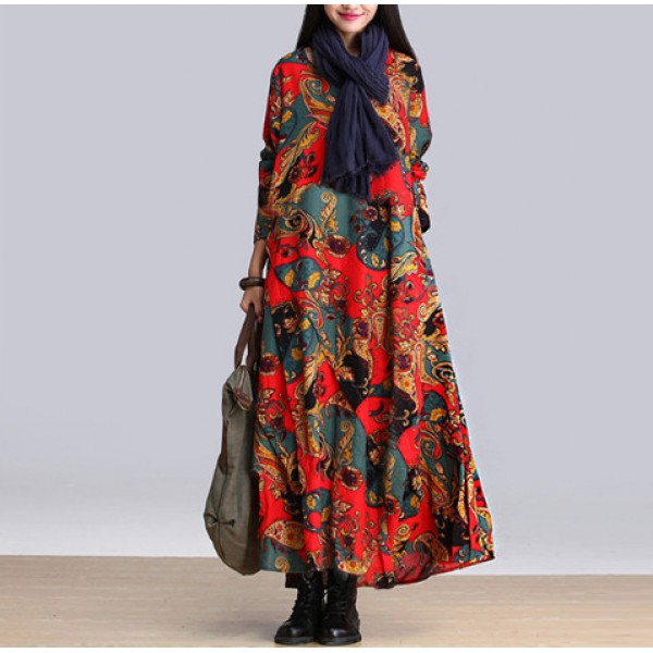 Autumn Witer  Women Dress fashion Plus Size bohemian floral printing Girls patchwork vintage Vestido De Festa Dress