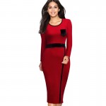 Autumn Women Casual Wear To Work Office Business Sheath Fitted Colorblock Pockets Bodycon Pencil Dress 1EB22