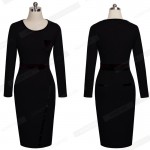 Autumn Women Casual Wear To Work Office Business Sheath Fitted Colorblock Pockets Bodycon Pencil Dress 1EB22