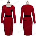 Autumn Women Casual Wear To Work Office Business Sheath Fitted Colorblock Pockets Bodycon Pencil Dress 1EB22