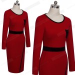 Autumn Women Casual Wear To Work Office Business Sheath Fitted Colorblock Pockets Bodycon Pencil Dress 1EB22