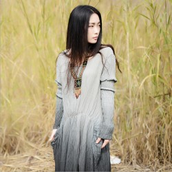 Autumn elegant literary 35%cotton 65%linen loose Mori Girl long sleeve dress plus size dress expansion Gradient dress4 colors