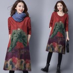 Autumn winter basic dresses 2016 vintage fashion women's plus size loose print knee length dress long sleeve dress female femme