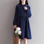 Autumn women's loose big yards Sen female literary retro corduroy collar embroidered long-sleeved dress for girls