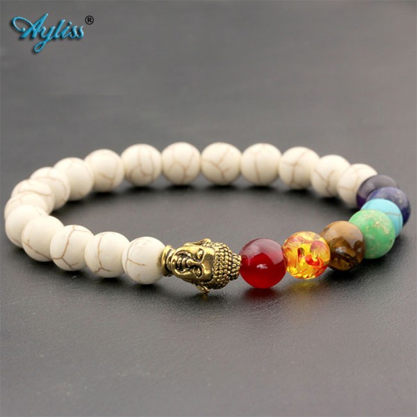Ayliss 8mm White Stone Black Lava Beads 7 Chakra Healing Balance Buddha bouddha Bracelet Yoga Reiki Prayer Bijoux Mother's Day