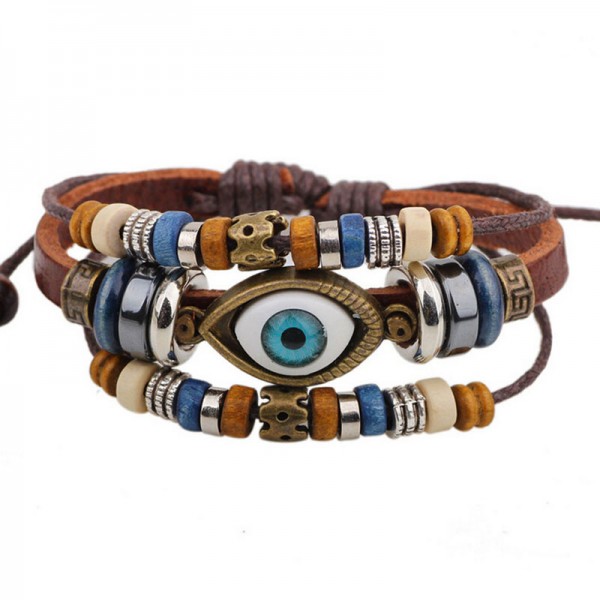 BA172 Wholesale Handmade 6 Color Turkish Evil Eye Leather Adjustable Bracelet Wristband Jewelry Bijouterie Unisex Girls Woman