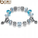 BAMOER Hot Sell European Style Silver Crystal Charm Bracelet for Women With Blue Murano Glass Beads Jewelry PA1394