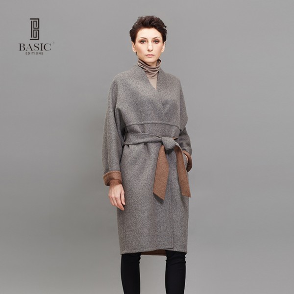 BASIC EDITIONS Women's Fashion Loose Wool Long Coat With Belts Ladies Grey Wool Coat Winter Casual Long Overcoat BW162