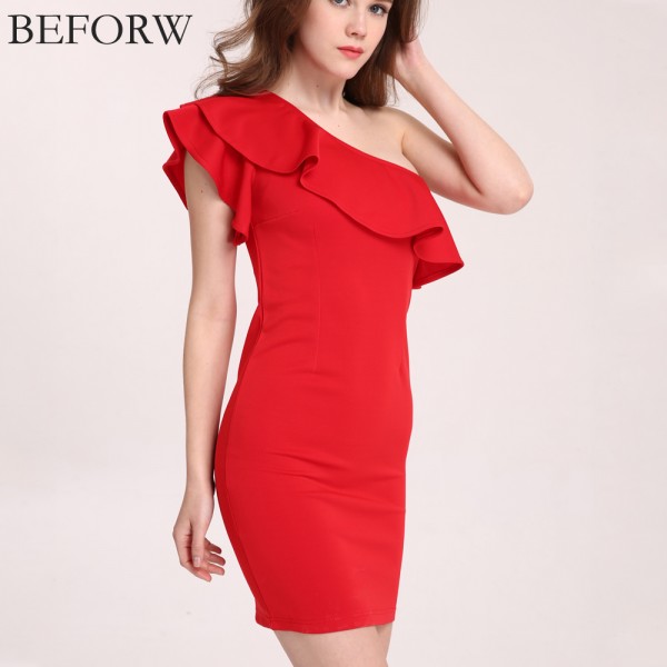 BEFORW Sexy Women Dress Dresses Sexy Shoulder Flouncing Package Hip Slim Solid Color Fashion Sexy Casual Dress Dresses