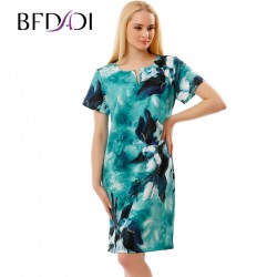 BFDADI 2017 New Elegant Dresses For Women Summer Ladies Ink Floral Print Short Sleeve Plus size Dress vestidos 3687-58