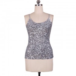 BLINGSTORY Europe Fashion Summer spaghetti strap nightclub  tank tops Silver Sequin top BLINGSOTRY KR1007-8
