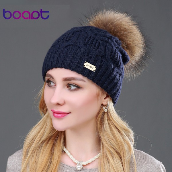 BOAPT Double-deck Knitted Wool Real Natural Raccoon Fur Pompon Hat Female Winter Braid Cap Headgear For Women Skullies Beanies